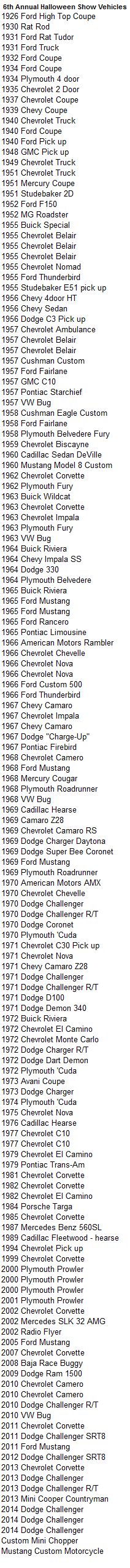 The 6th Annual Halloween Classic Car Show list of vehicles
